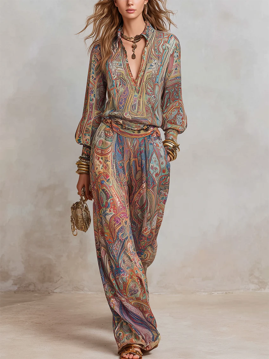 Boho Vintage Print Shirt & Wide-Leg Pants Two-Piece Set