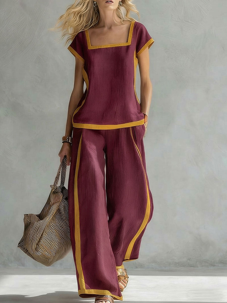 Women's Square Neck Short Sleeve Casual Loose Top High Waist Casual Loose Wide Leg Pants Cotton Linen Set