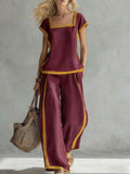 Women's Square Neck Short Sleeve Casual Loose Top High Waist Casual Loose Wide Leg Pants Cotton Linen Set