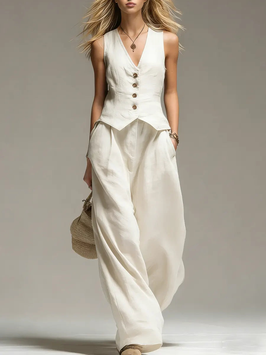 Women's Minimalist Cotton And Linen Wide-leg Pants Set