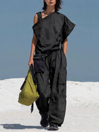 Women's Solid-color Cotton Two-piece Set: Asymmetrical-sleeve Loose-fit Top & Elastic-waist Wide-leg Pants