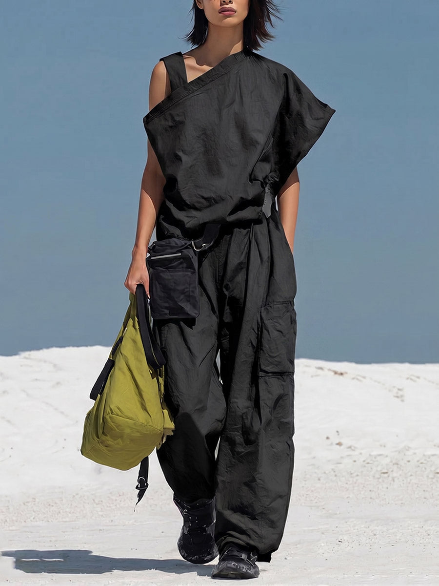 Women's Solid-color Cotton Two-piece Set: Asymmetrical-sleeve Loose-fit Top & Elastic-waist Wide-leg Pants