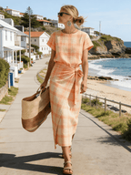 Women's Round-Neck Plaid Pleated Dress