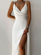 Women's Solid Color Spaghetti Strap V-neck Slit Dress