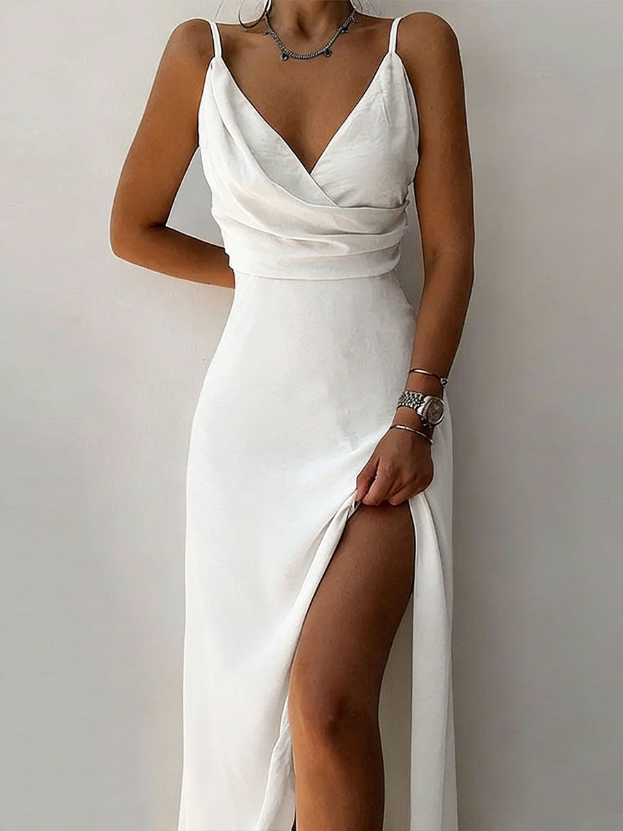 Women's Solid Color Spaghetti Strap V-neck Slit Dress
