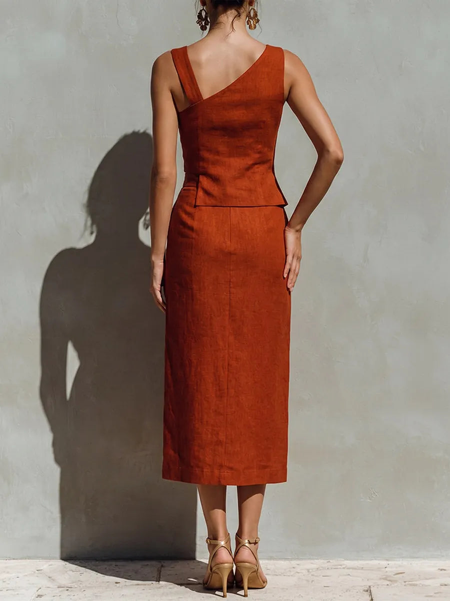 Women's Solid-color Casual Loose Sleeveless Cotton-linen Top & High-waisted Skirt Set