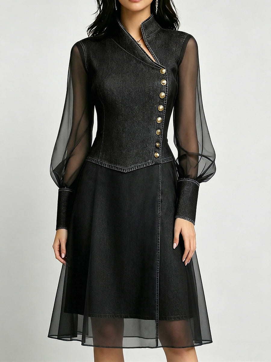 Stylish Stand-collar Organza-paneled Denim Dress