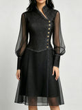 Stylish Stand-collar Organza-paneled Denim Dress