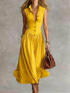 Women's Solid Color Collared Sleeveless Casual Loose Cotton Linen Dress