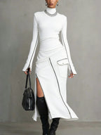 Women's High-neck Zipper Long-sleeved Long Skirt Casual Fashion Solid Color Set