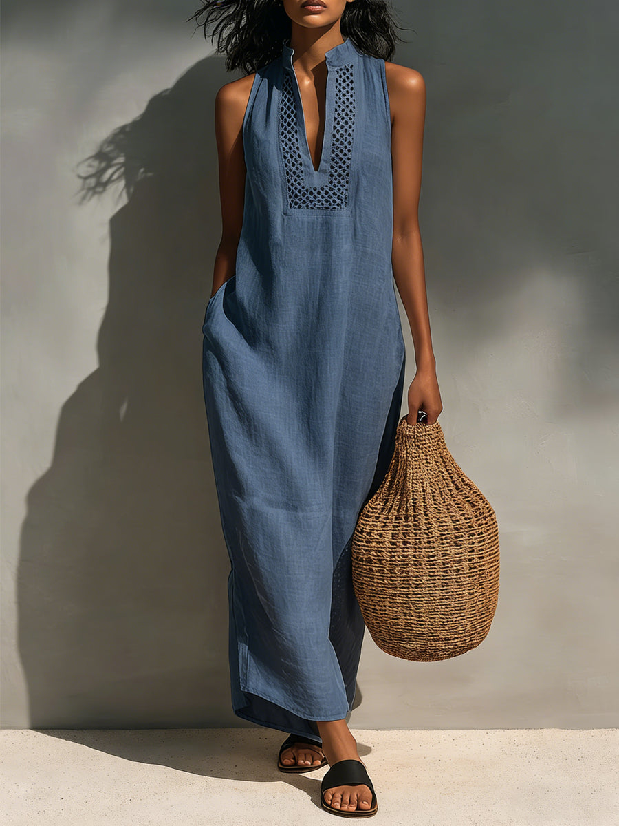 Women's Minimalist Sleeveless Maxi Dress With Cutout Neckline
