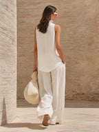 Retro Cozy Lace Top And Wide-leg Pants Linen Set