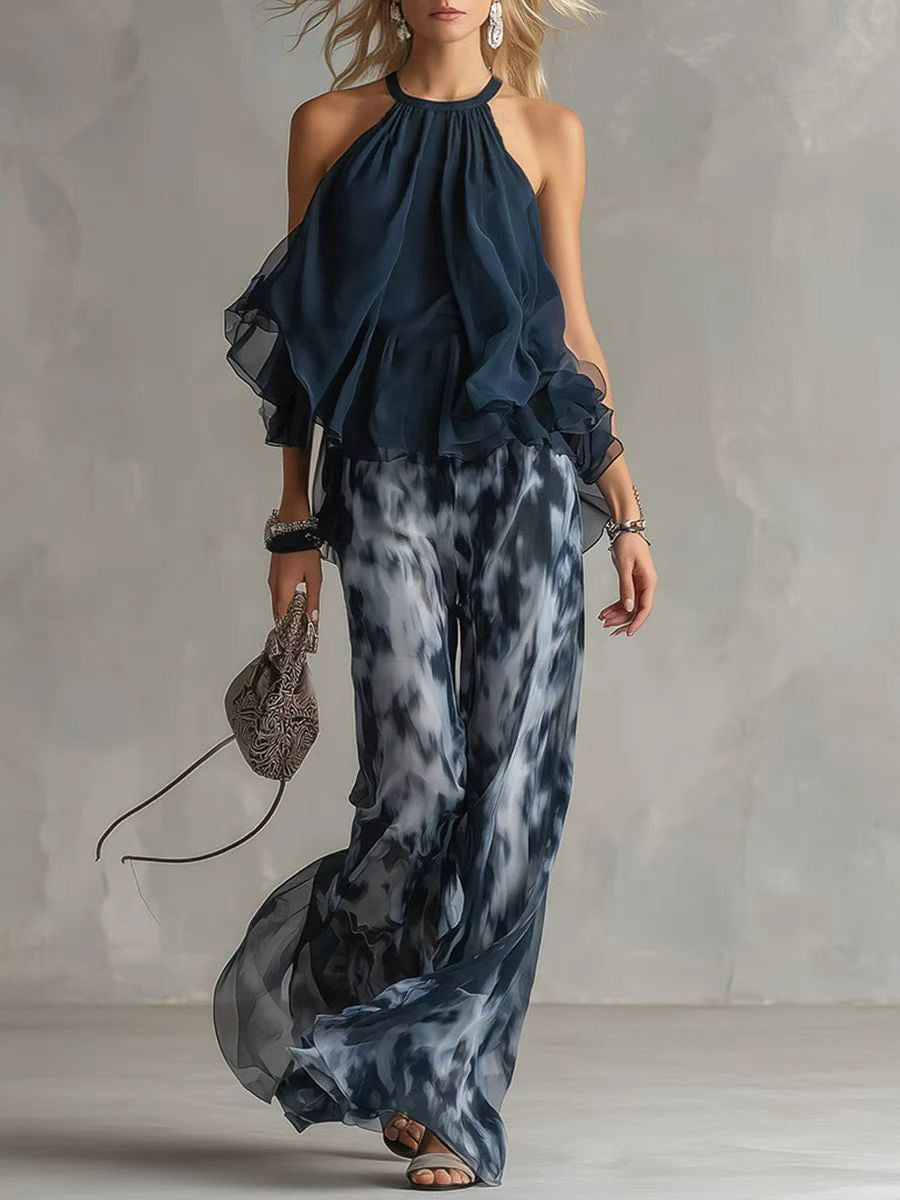Women's Sleeveless Halter-neck Top And Printed Chiffon Pants Set