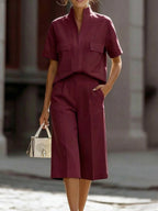 Women's V-neck Short-sleeved Casual Loose Cotton Linen Top And High-waisted Casual Loose Wide-leg Pants Cotton Linen Set