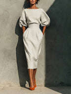 Women's Solid-color Round-neck 3/4-sleeve Loose Casual Top & High-waisted Pencil Skirt Cotton-linen Set