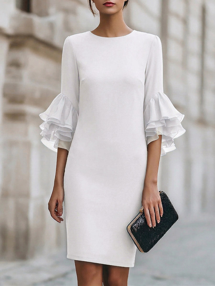 Women's Solid-color Round-neck 3/4-sleeve Casual Loose-fit Dress