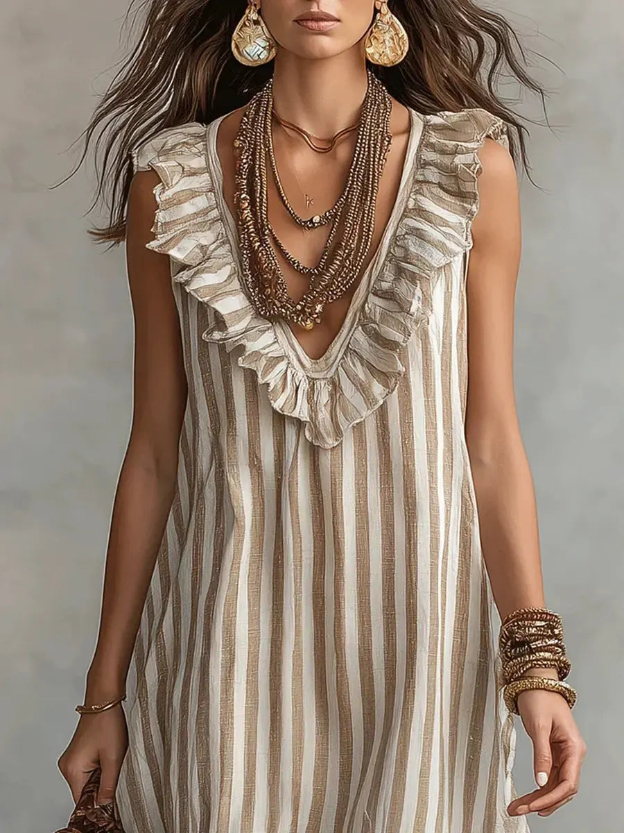Women's Striped Art Ruffled Neck Casual Stylish Sleeveless Cotton Dress