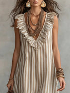 Women's Striped Art Ruffled Neck Casual Stylish Sleeveless Cotton Dress