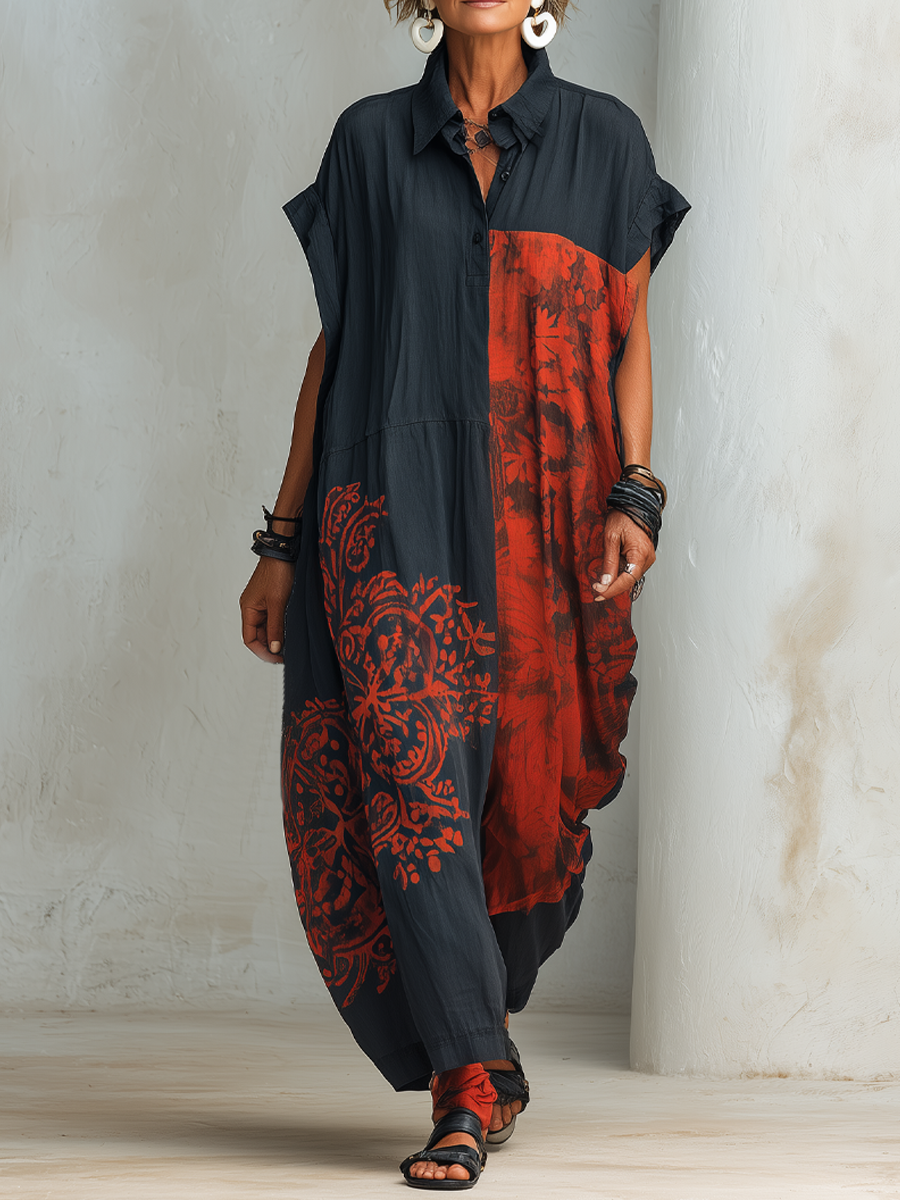 Loose-fit Cotton-linen Shirt Dress With Abstract Print