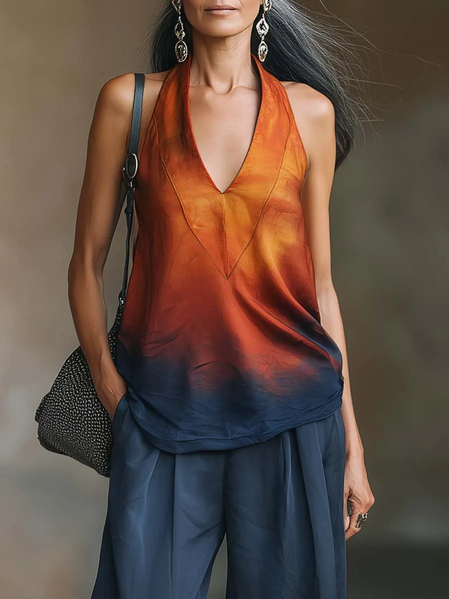 Stylish Elegant Gradient Halter Top And Wide-leg Pants Two-piece Set