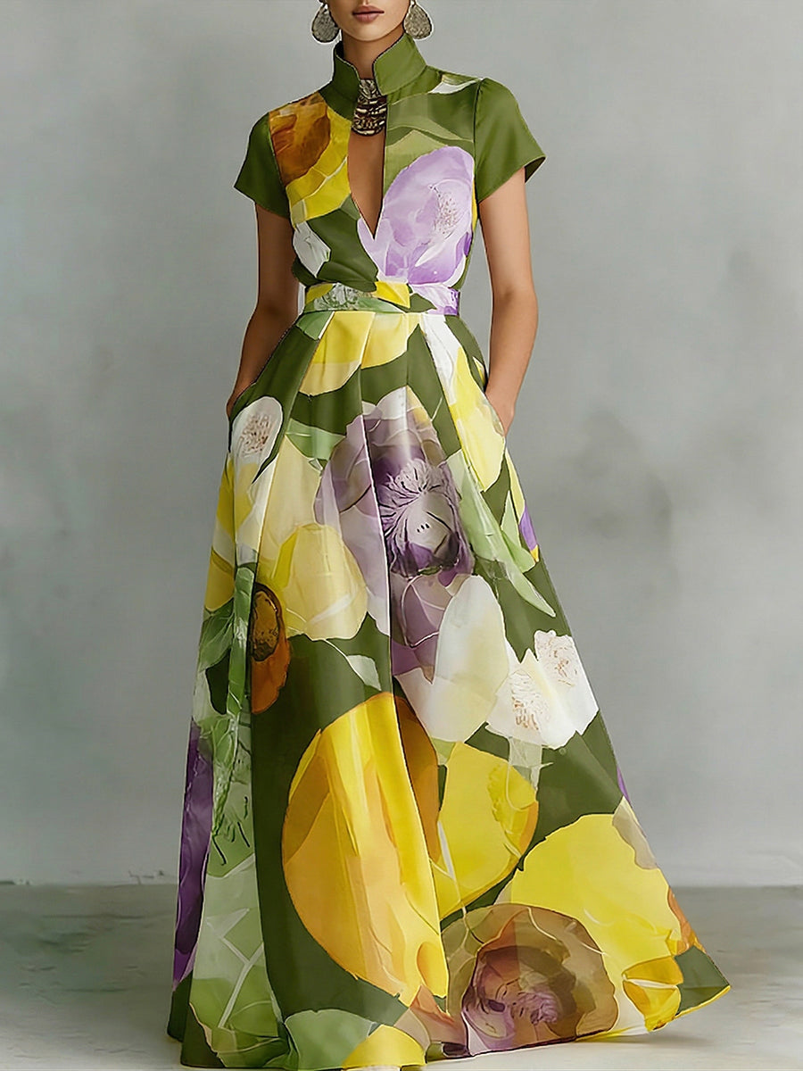Elegant Stand-collar Floral Print Maxi Dress