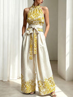 Stylish And Elegant Printed Linen And Cotton Two-piece Top And Pants Set