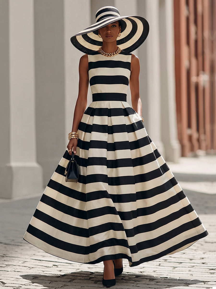 Elegant Black And White Striped Maxi Dress