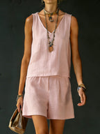 Classic Casual Sleeveless Linen Cotton Top And Shorts Two-piece Set