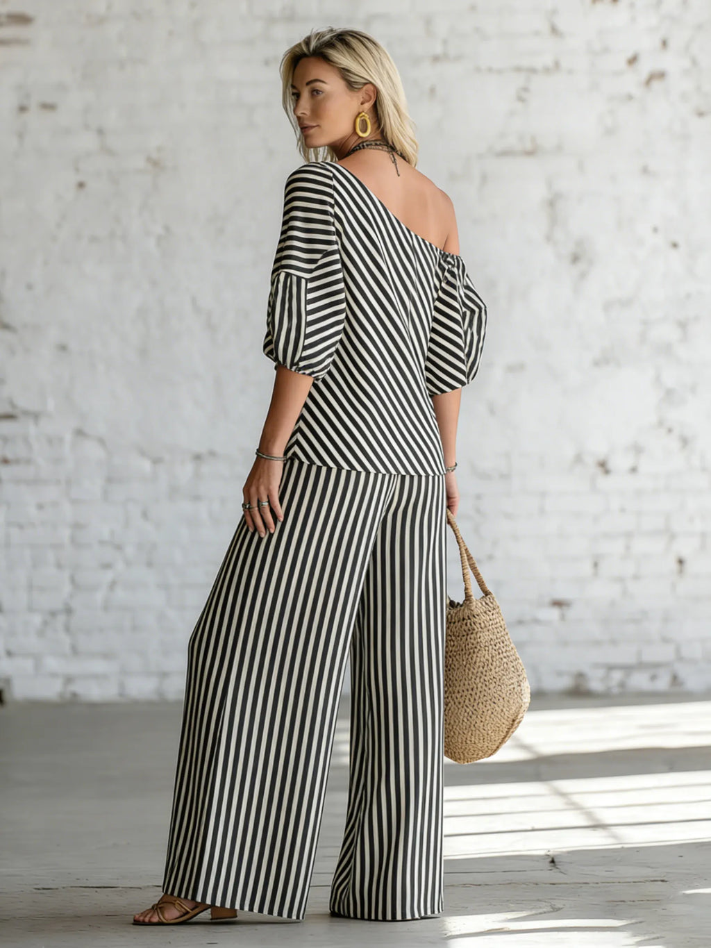 Elegant Classic Striped Off-shoulder Top And Wide-leg Pants Two-piece Set