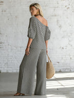Elegant Classic Striped Off-shoulder Top And Wide-leg Pants Two-piece Set