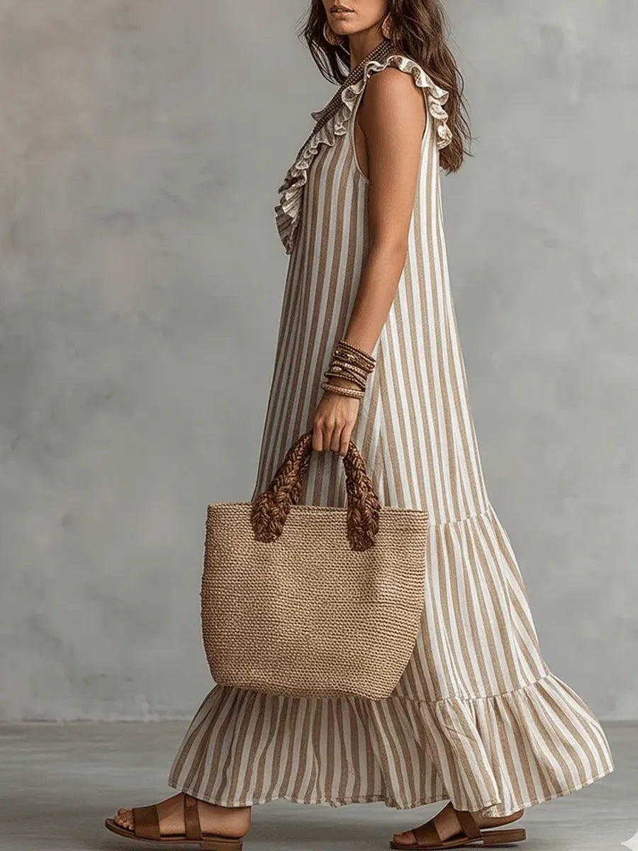 Women's Striped Art Ruffled Neck Casual Stylish Sleeveless Cotton Dress