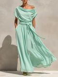 Women's Solid-color Off-shoulder Short-sleeve Casual Loose A-line Dress