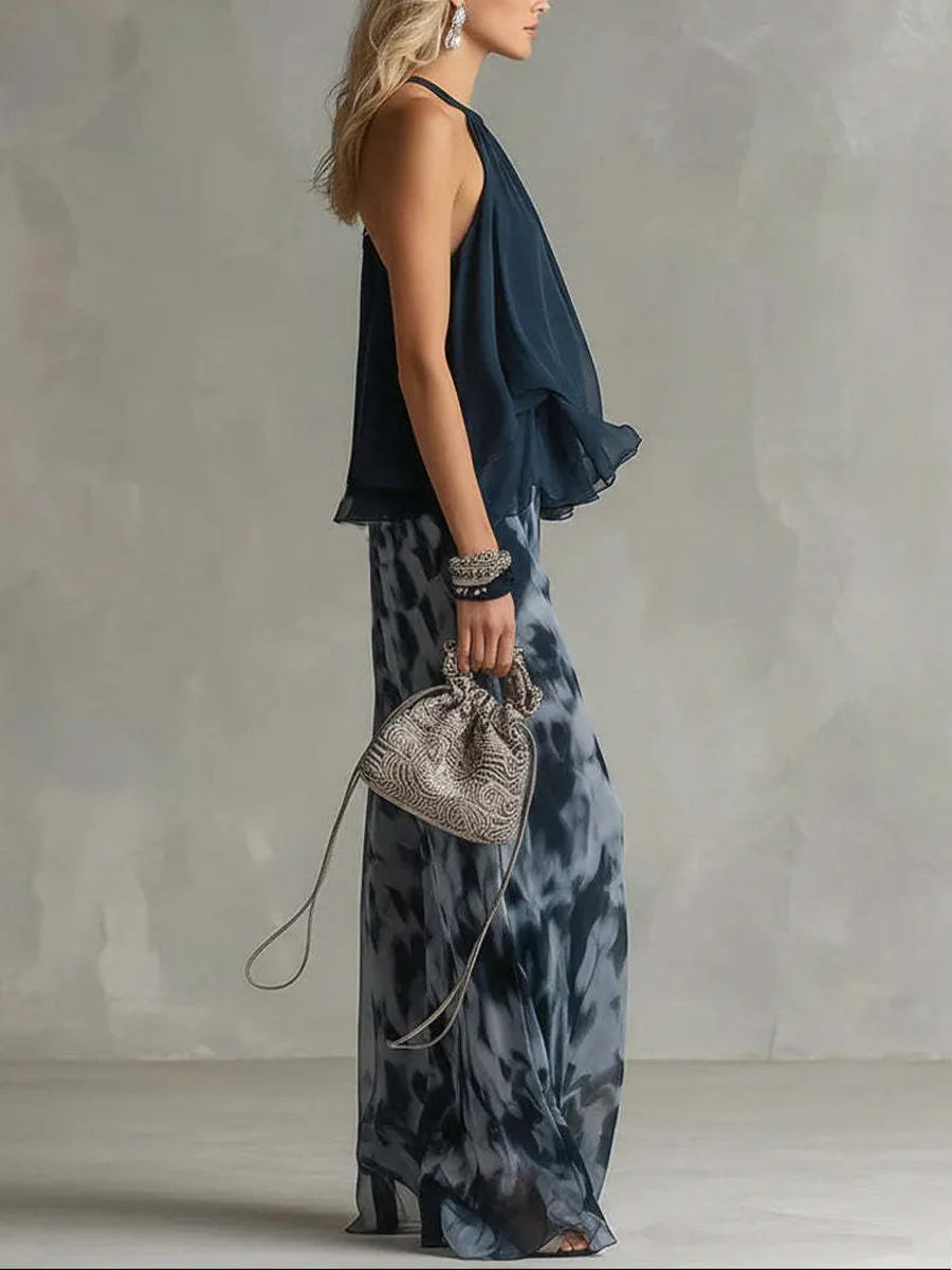 Women's Sleeveless Halter-neck Top And Printed Chiffon Pants Set