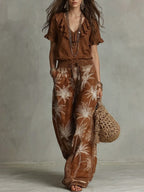 Casual Ruffled-collar Top And Printed Trousers Two-piece Set