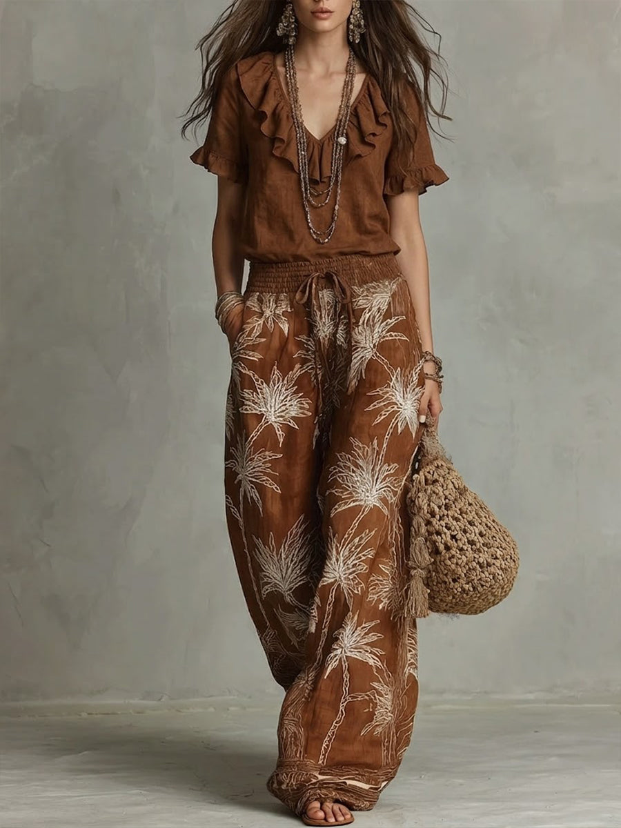 Casual Ruffled-collar Top And Printed Trousers Two-piece Set