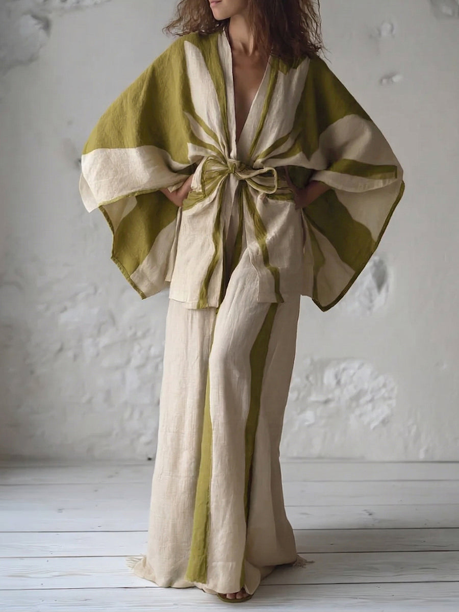 Kimono Ink Wash Linen Tie-strap Top and trousers Two Piece Set