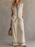 Women's Sleeveless Line-decorated Shirt And Wide-leg Pants Set