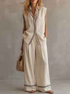 Women's Sleeveless Line-decorated Shirt And Wide-leg Pants Set