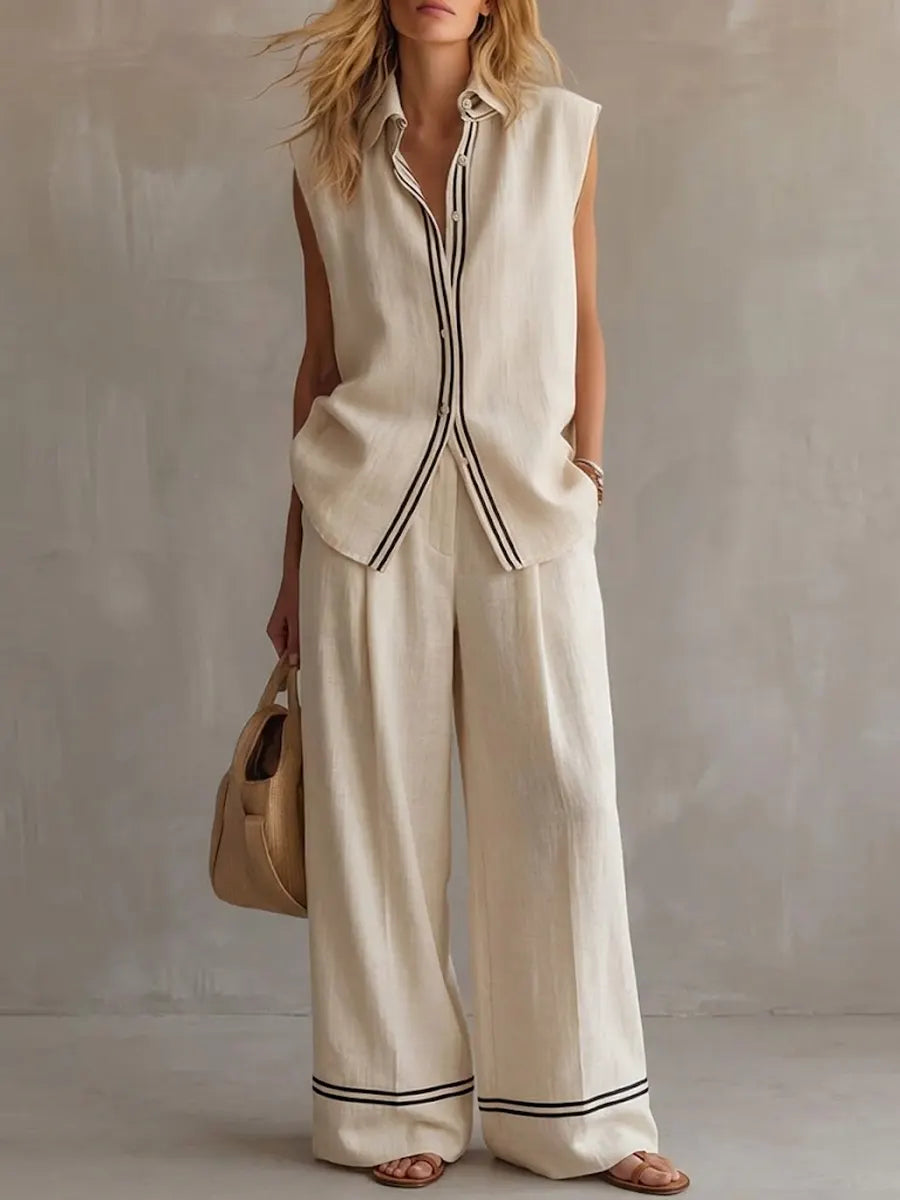 Women's Sleeveless Line-decorated Shirt And Wide-leg Pants Set
