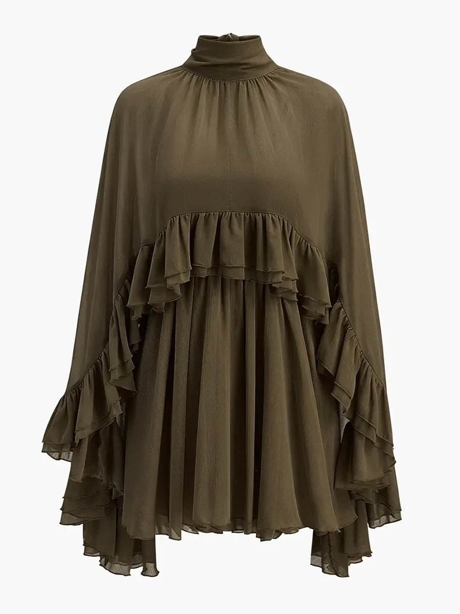 Semi-Sheer Ruffle Dress With Outer Cape Two-piece Set
