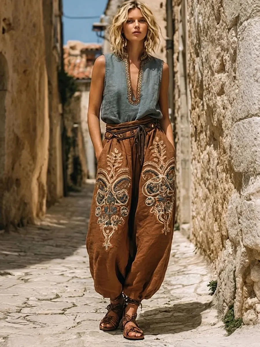 Bohemian Three-piece Set: Ethnic-print Cotton-linen Long Cardigan, Sleeveless Top, And Trousers
