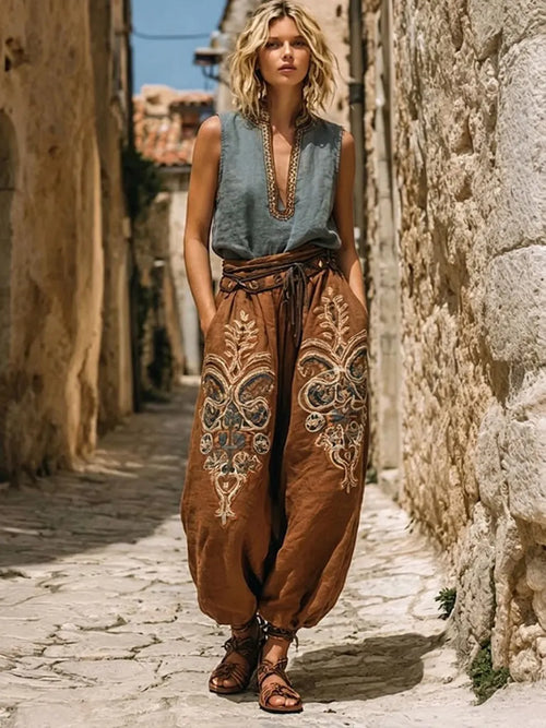 Bohemian Three-piece Set: Ethnic-print Cotton-linen Long Cardigan, Sleeveless Top, And Trousers