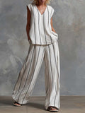 Women's V-neck Sleeveless Cotton Top High-waisted Casual Loose Cotton Wide-leg Pants Set