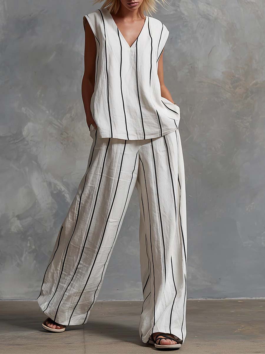 Women's V-neck Sleeveless Cotton Top High-waisted Casual Loose Cotton Wide-leg Pants Set