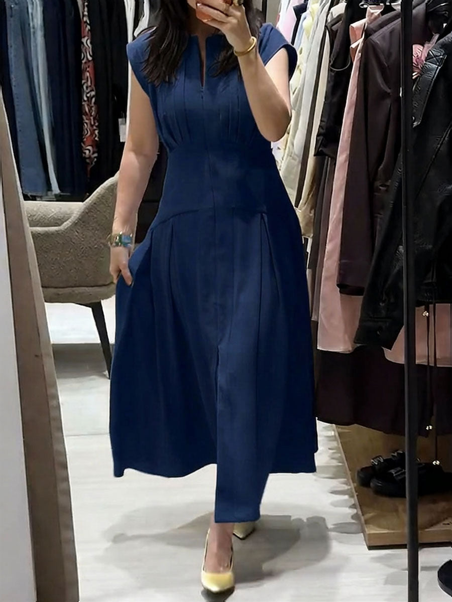 Women's Solid-color V-neck Sleeveless Casual Loose Cotton-linen Dress