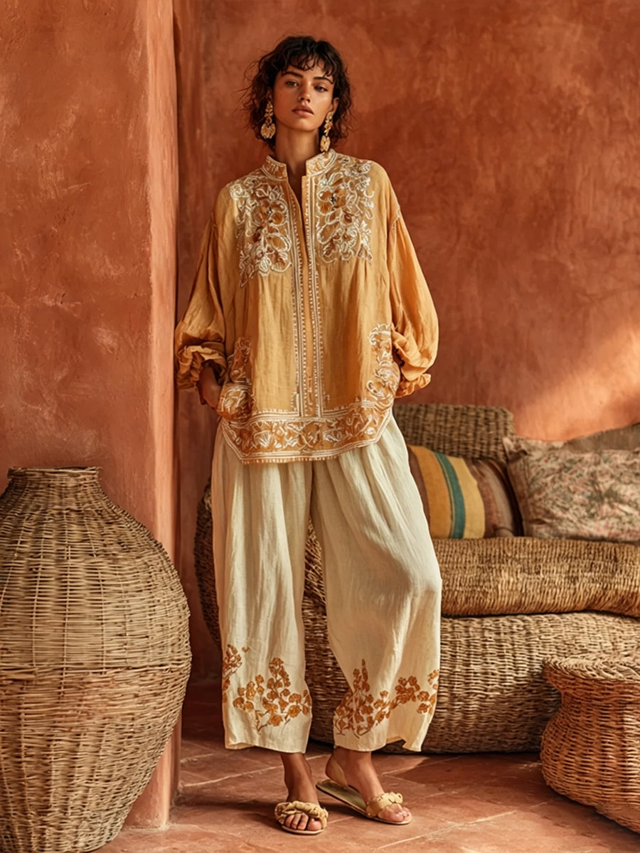 Bohemian Floral Print Linen And Cotton Two-piece Top And Pants Set