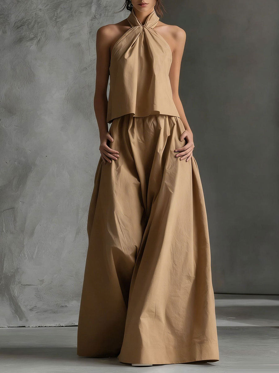 Women's Casual Sleeveless Top & High-waisted Wide-leg Pants Two-piece Set