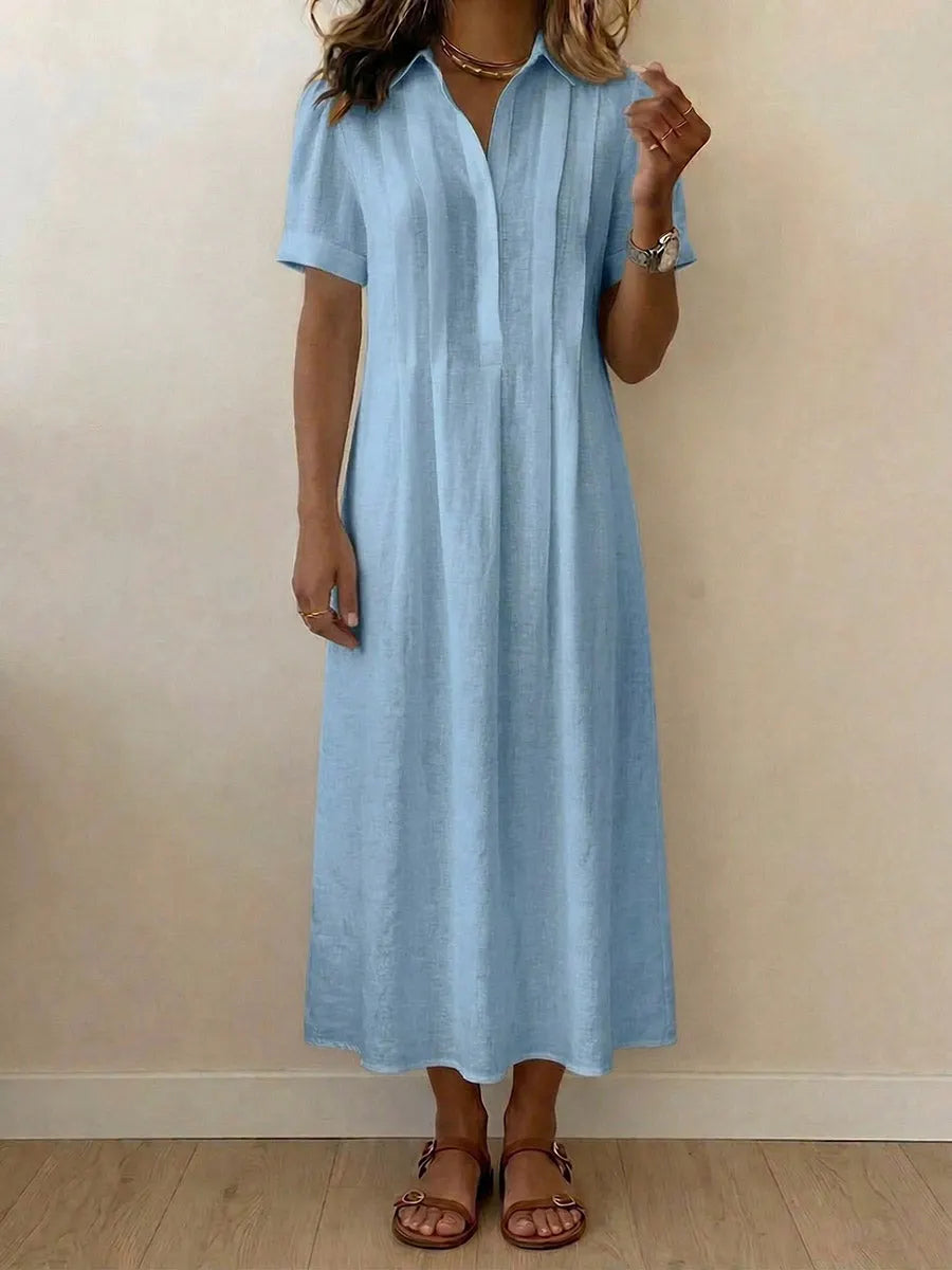 Women's Solid-color Short-sleeve Pleated Cotton-linen Dress With Shirt Collar