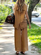 Women's Solid-color Cotton-linen Set: Sleeveless Collared Loose-fit Top & High-waisted Tie-waist Wide-leg Pants