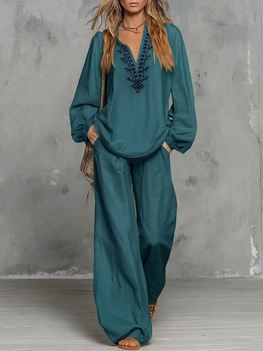 Casual Linen And Cotton Shirt And Trousers Two-piece Set